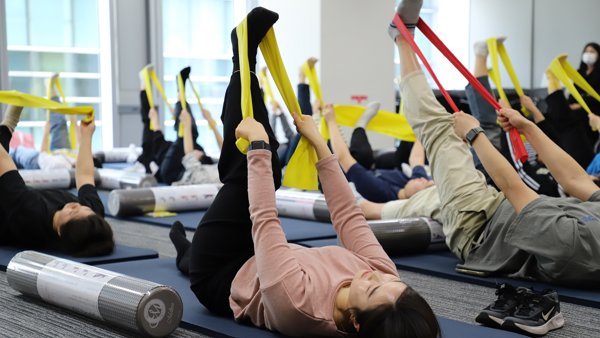 돗자리에서 운동하는 한 무리의 사람들