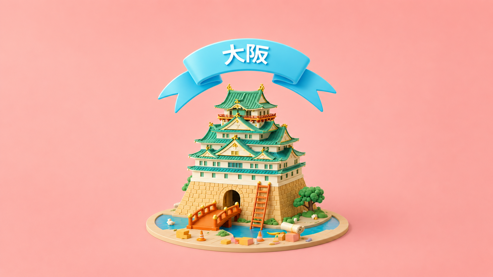 はしごと青いリボンが付いたおもちゃの塔