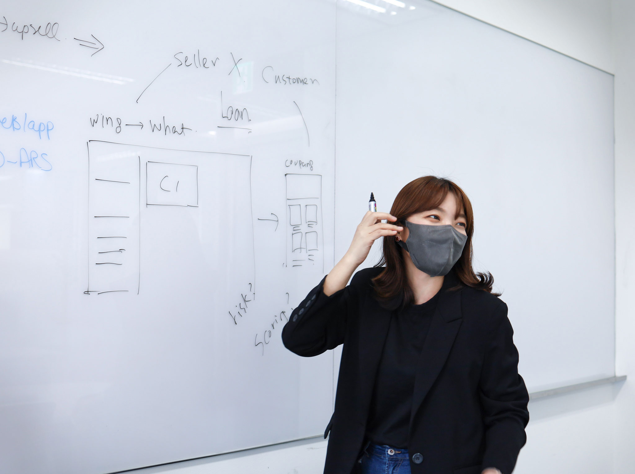 마스크를 착용하고 화이트보드 앞에 서 있는 사람
