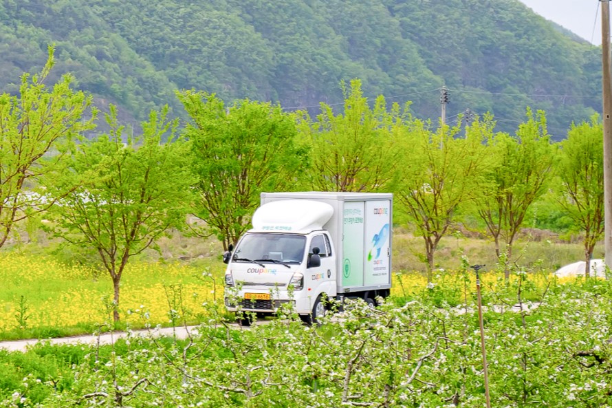 나무로 둘러싸인 도로를 달리는 하얀 트럭