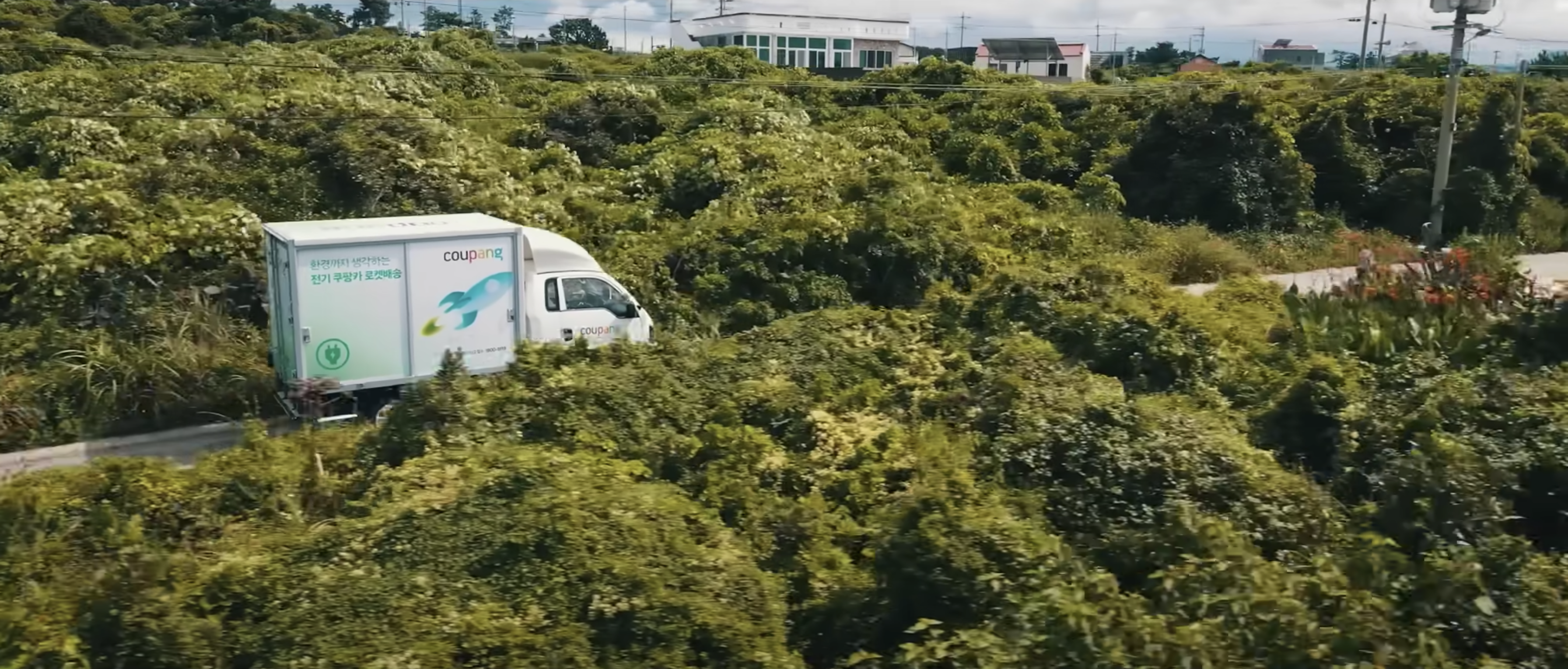 a truck driving through a forest