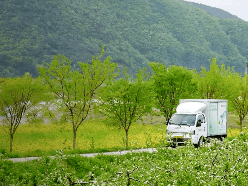 나무와 산을 배경으로 한 도로에 있는 흰색 트럭